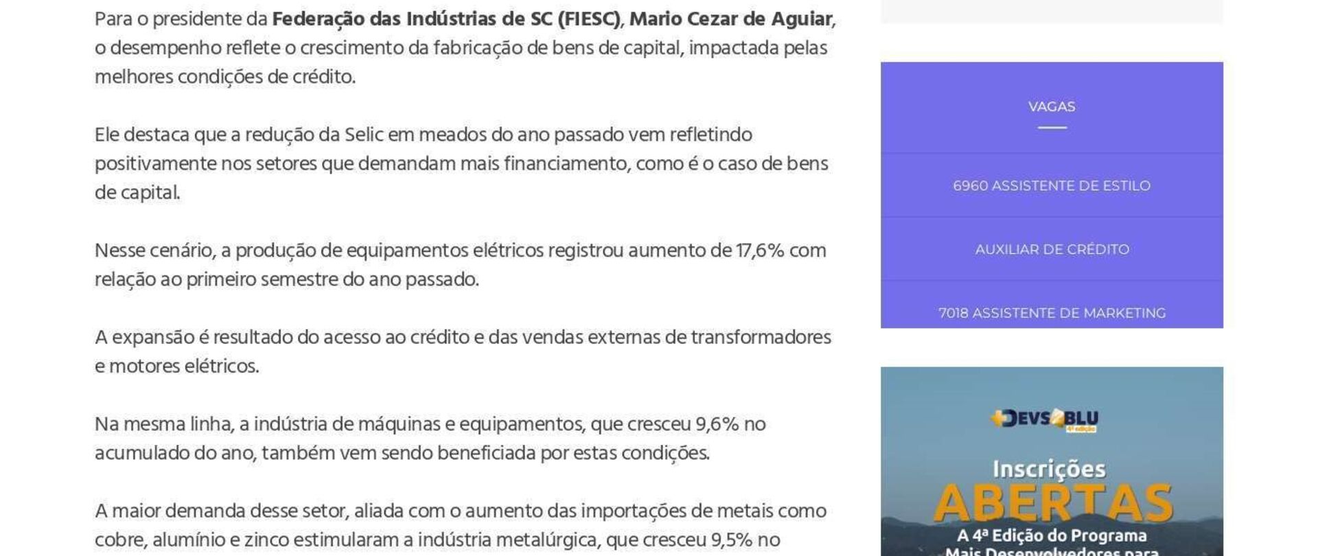 Produção Industrial cresce 5,6% no primeiro semestre em SC