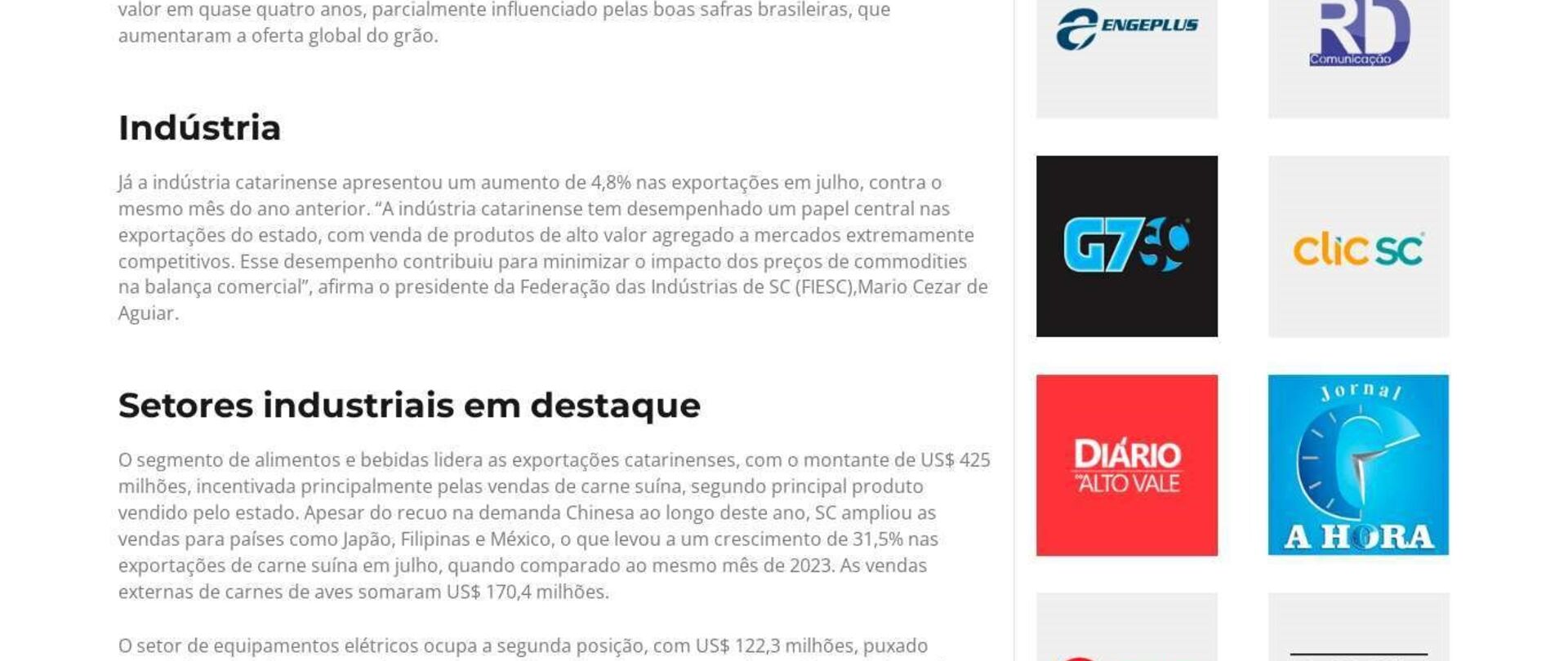 SC exporta US$ 1 bilhão em julho, alta de 0,8%