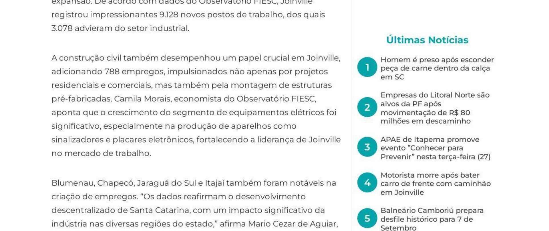 Cinco cidades de SC lideram na geração de empregos industriais