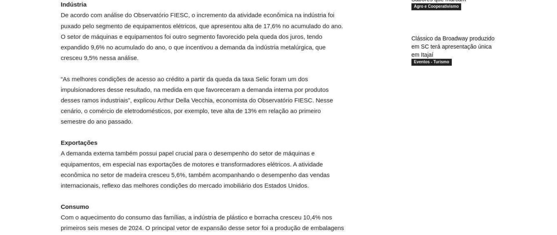 Atividade econômica cresce 4,2% em SC no primeiro semestre