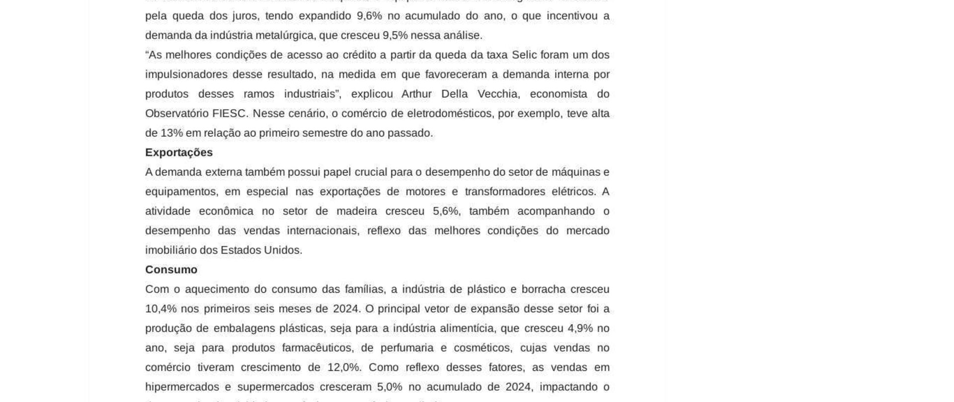 Atividade econômica cresce 4,2% em SC no primeiro semestre