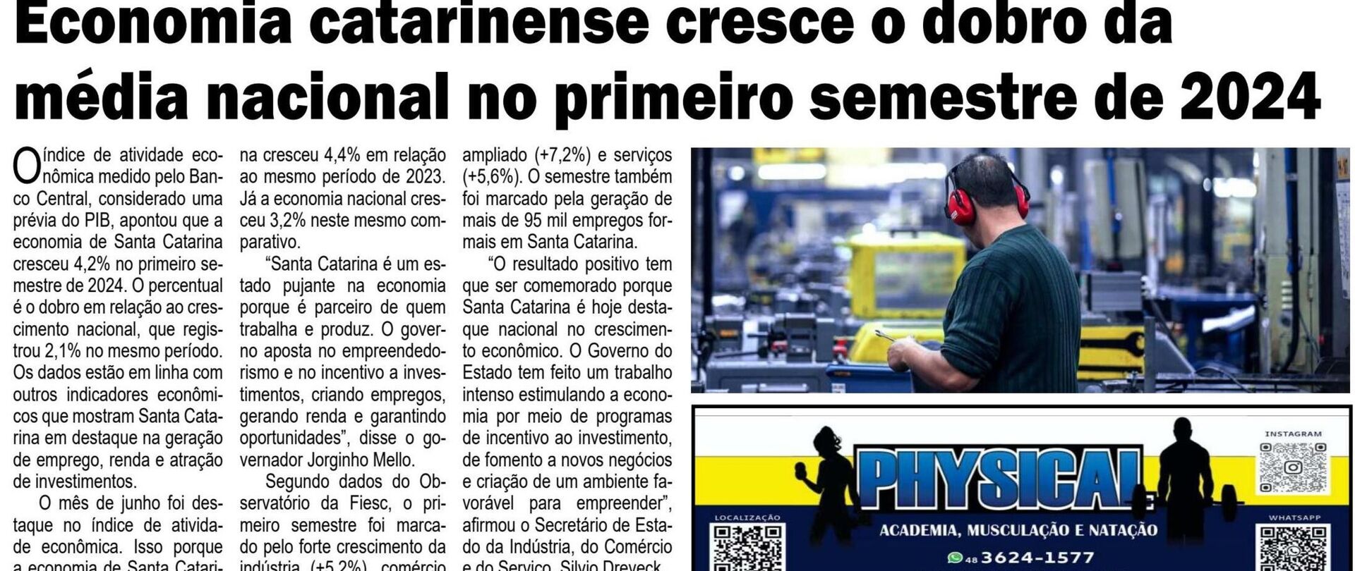 Economia catarinense cresce o dobro da média nacional no primeiro semestre de 2024