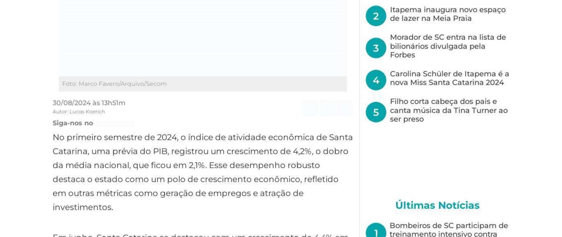 Economia de SC cresce 4,2% no 1º semestre, dobro do nacional