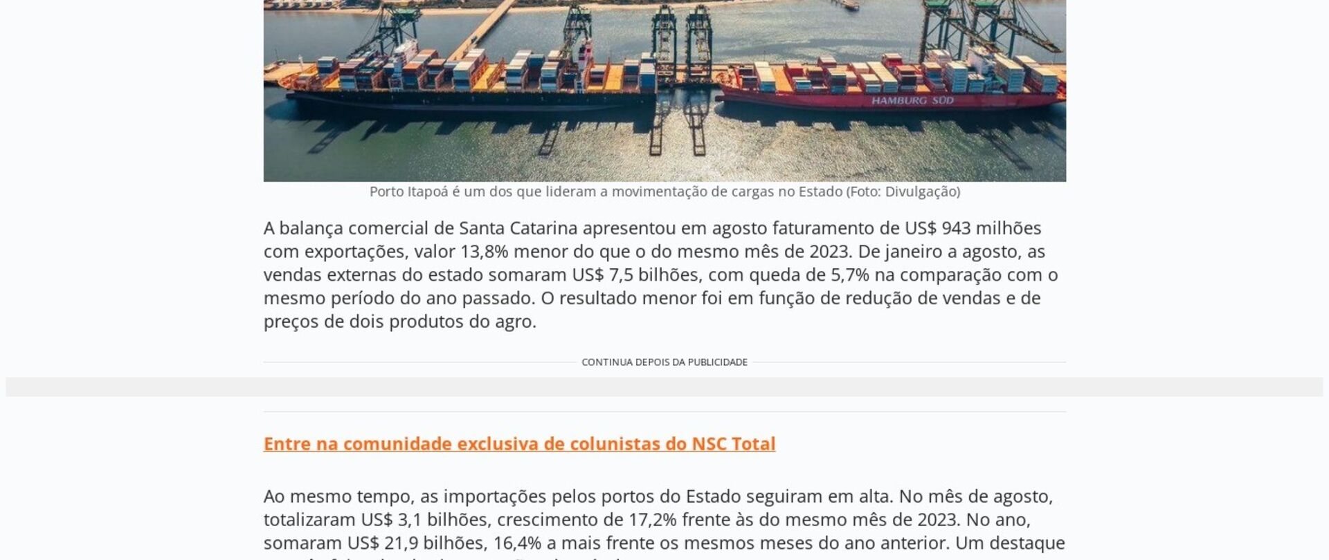 Com menores vendas do agro, receita de SC com exportação cai em agosto 