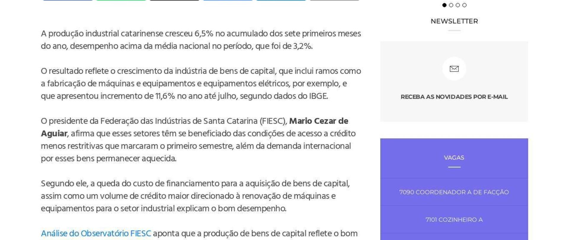 Indústria de Santa Catarina cresce 6,5% no ano, até julho