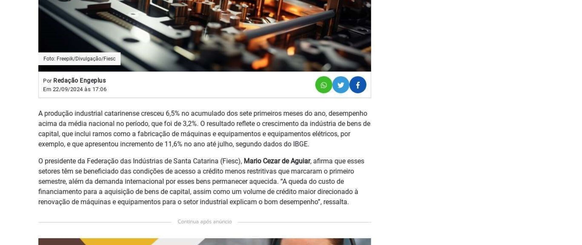 Indústria de SC cresce 6,5% no ano, até julho 