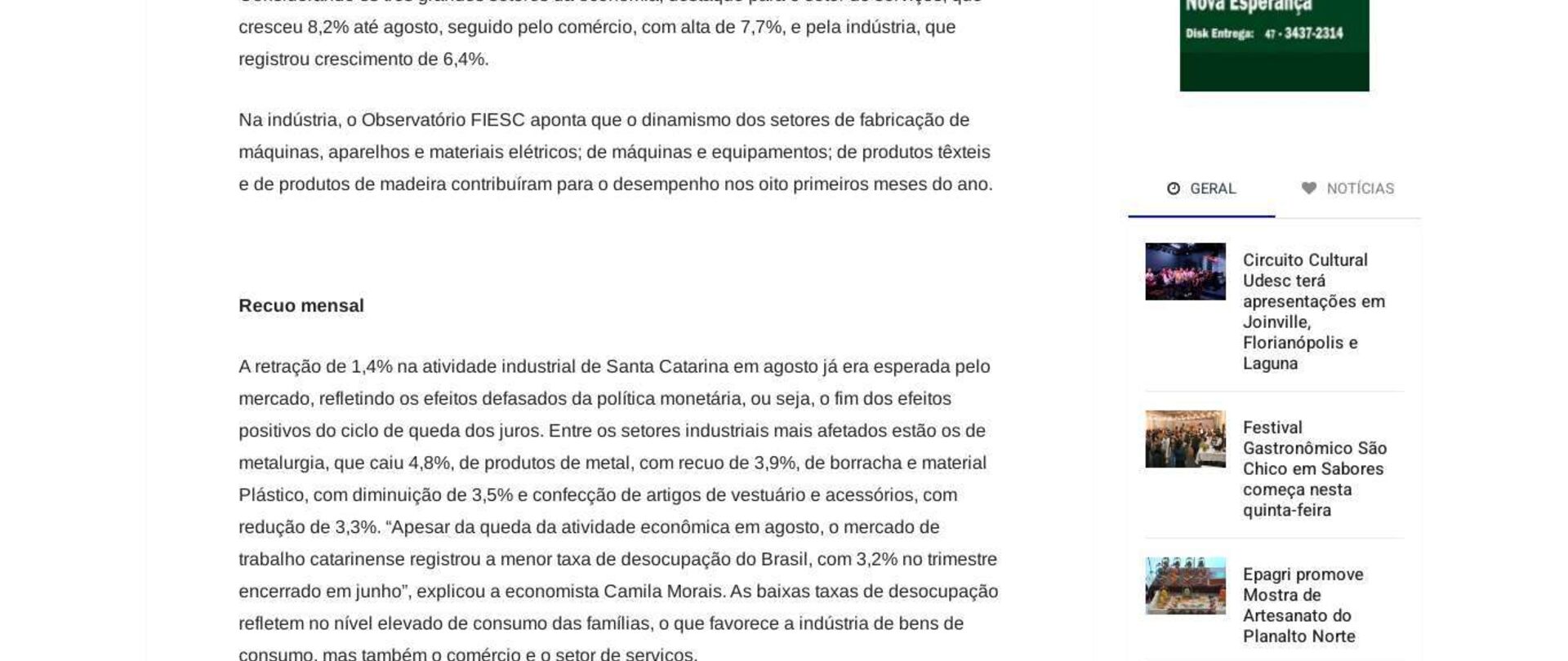 Atividade econômica de SC cai 0,3% em agosto