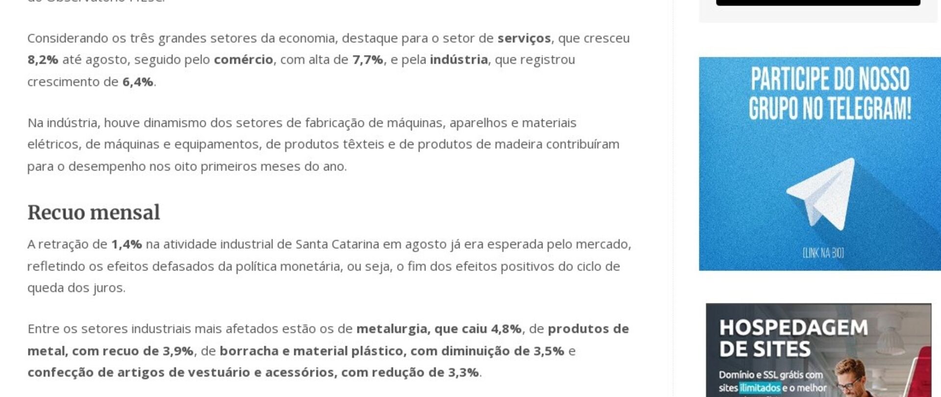 Atividade econômica de SC cai 0,3% em agosto