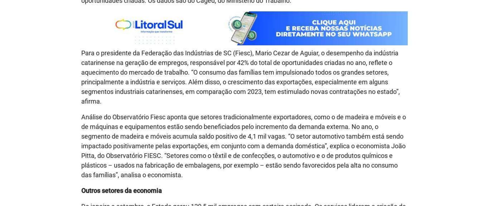 Indústria de SC gera 3,2 mil vagas em setembro