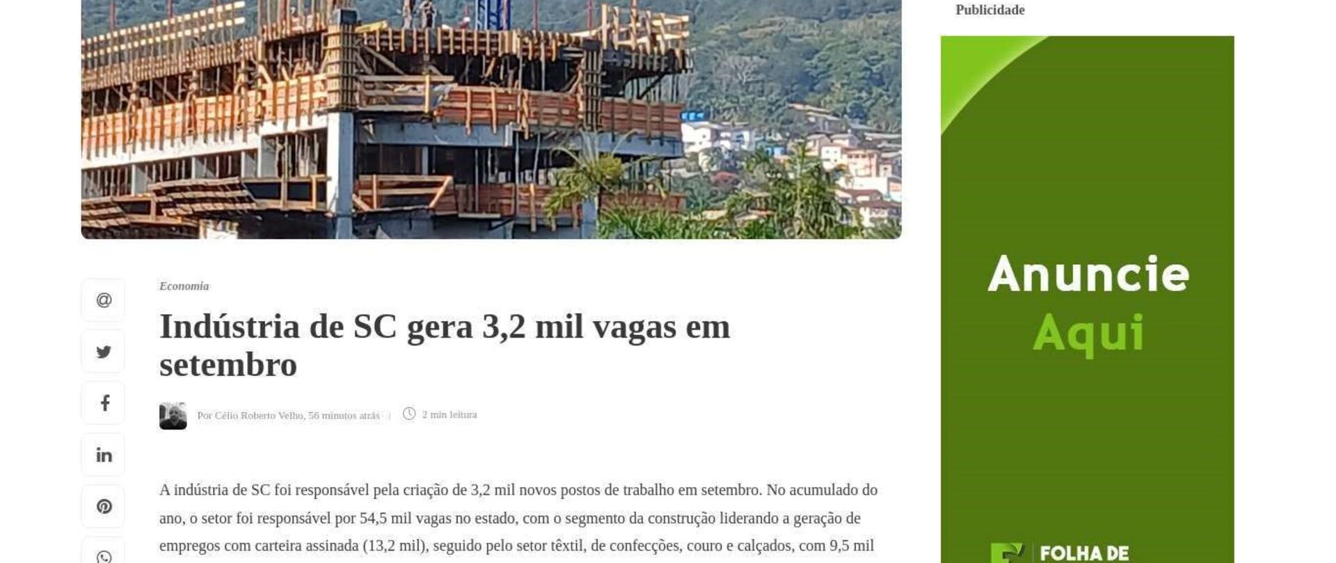 Indústria de SC gera 3,2 mil vagas em setembro 