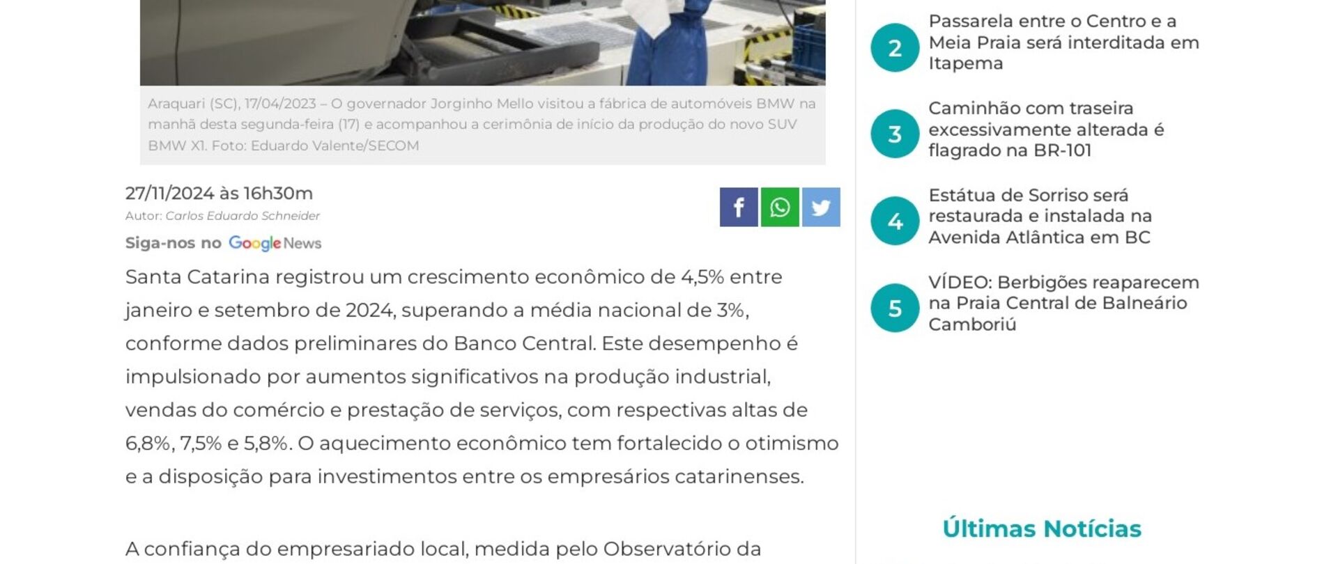 Crescimento econômico de Santa Catarina impulsiona otimismo entre os empresários 
