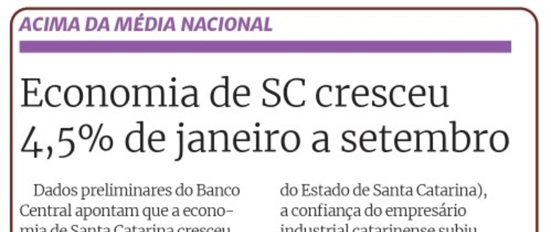 Economia de SC cresceu 4,5% de janeiro a setembro
