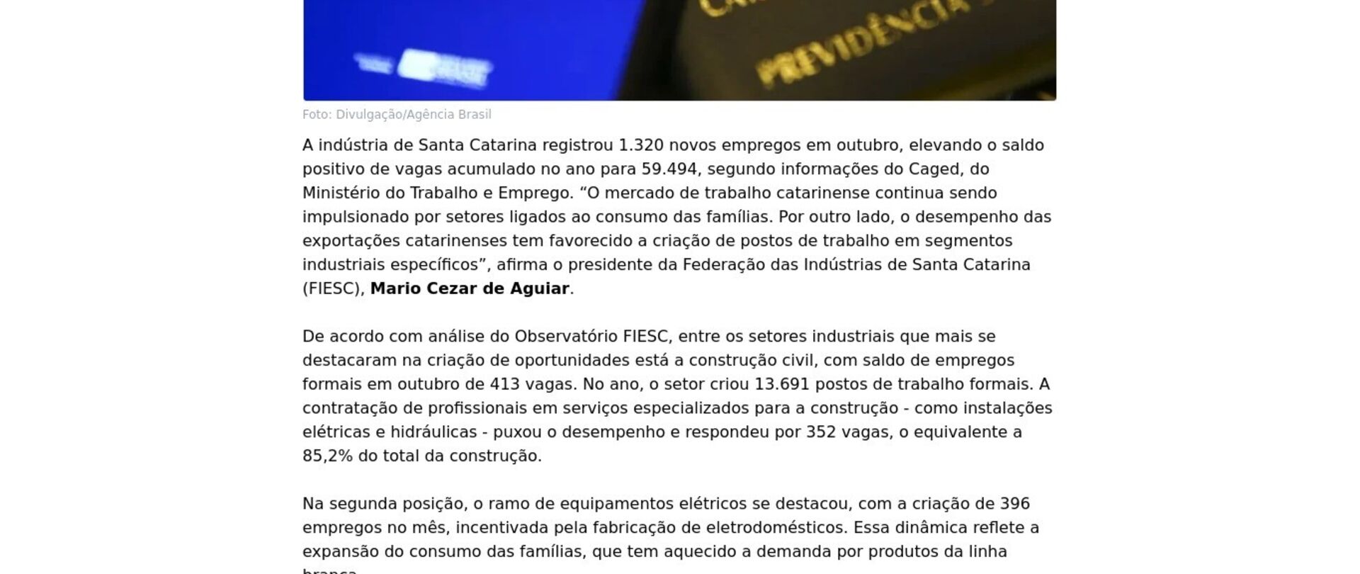 Indústria de SC gera 1,3 mil empregos em outubro 