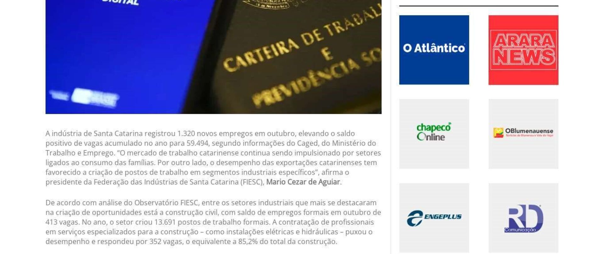Indústria de SC gera 1,3 mil empregos em outubro