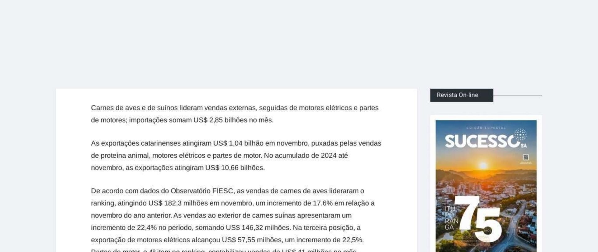 SC exporta US$ 1,04 bilhão em novembro