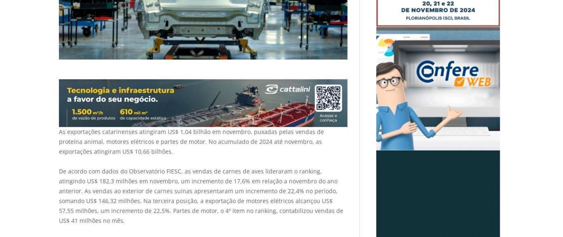 SC exporta US$ 1,04 bilhão em novembro 