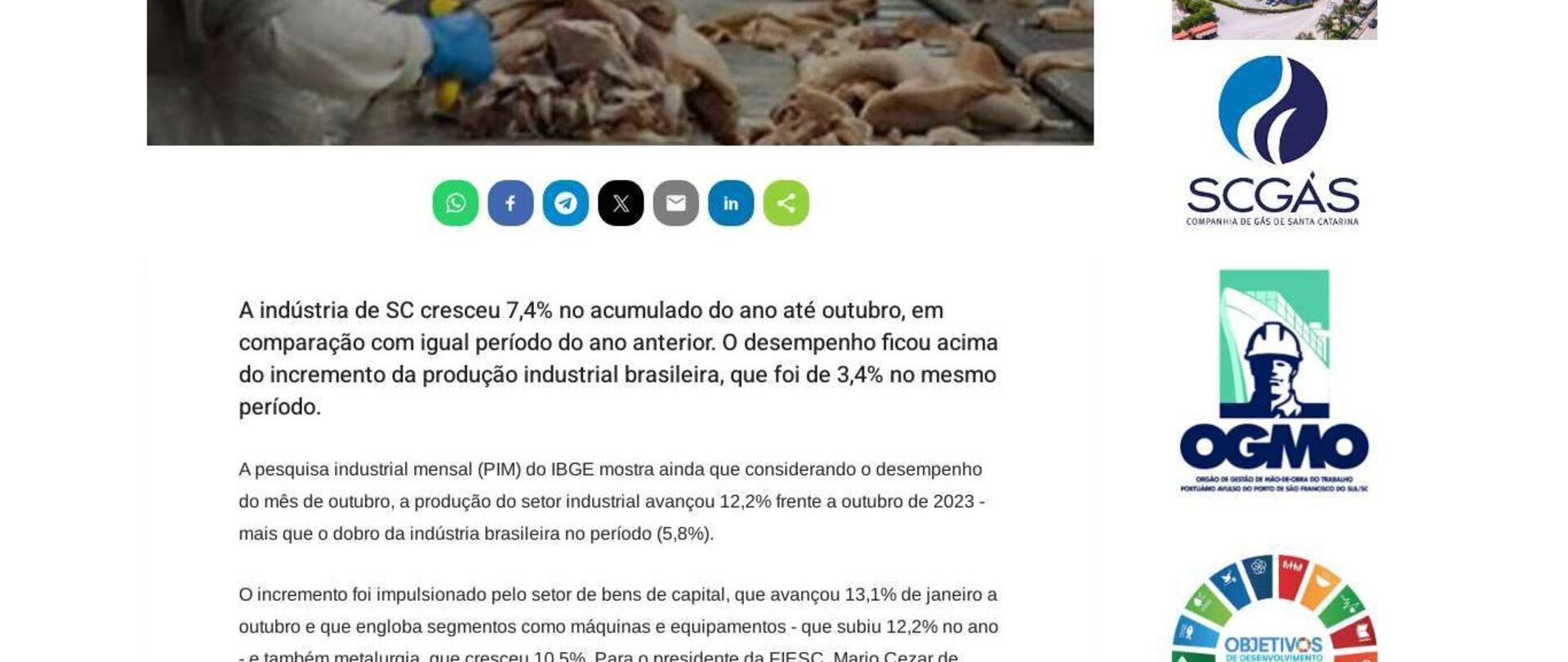 Indústria de SC cresce 7,4% no ano até outubro
