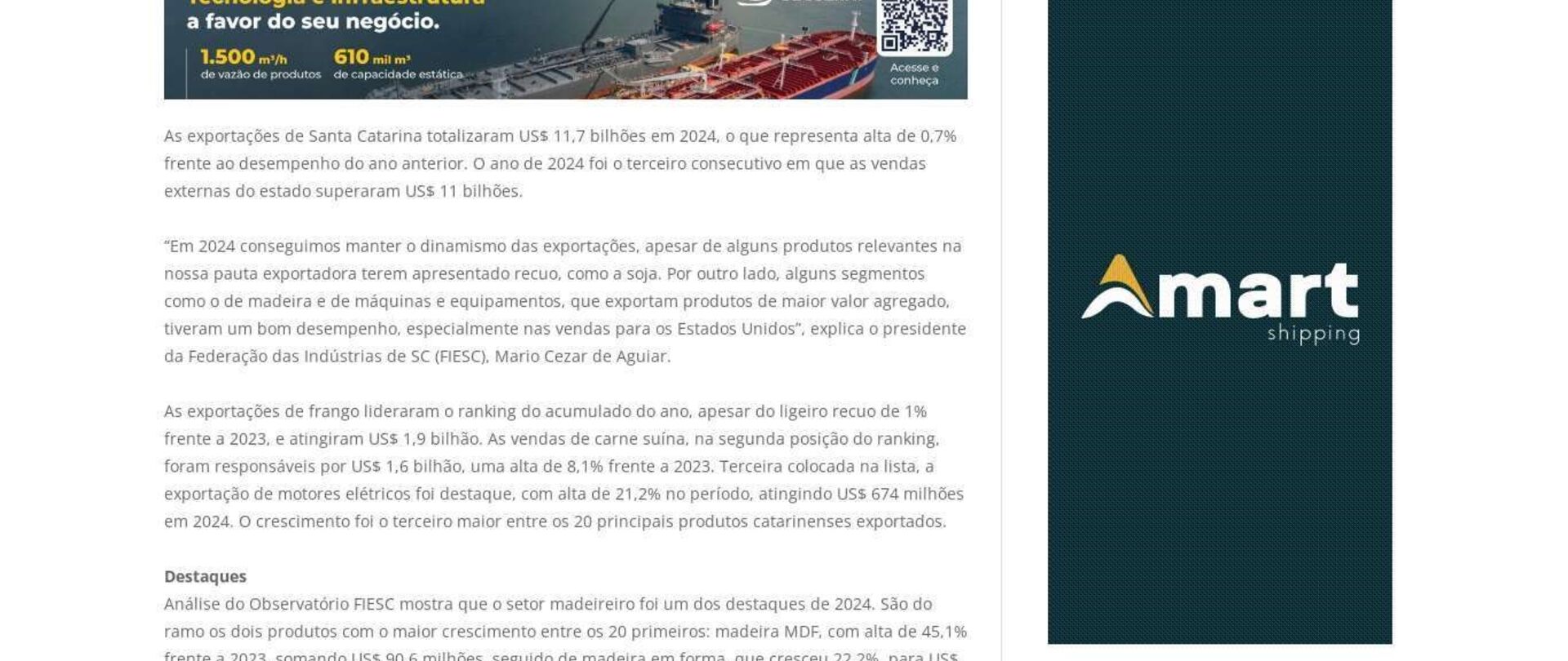 Exportações de SC somam US$ 11,7 bilhões em 2024