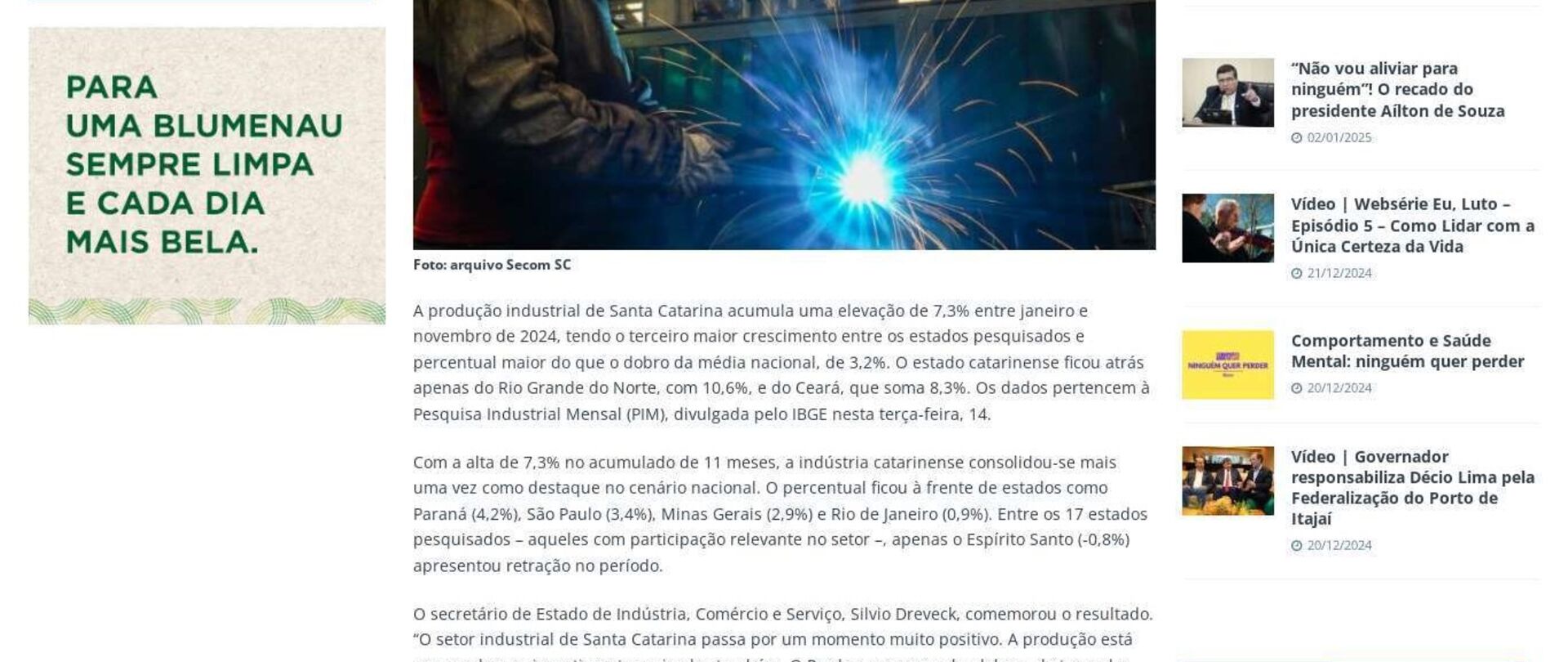 Produção industrial de Santa Catarina acumula uma elevação de 7,3% entre janeiro e novembro de 2024