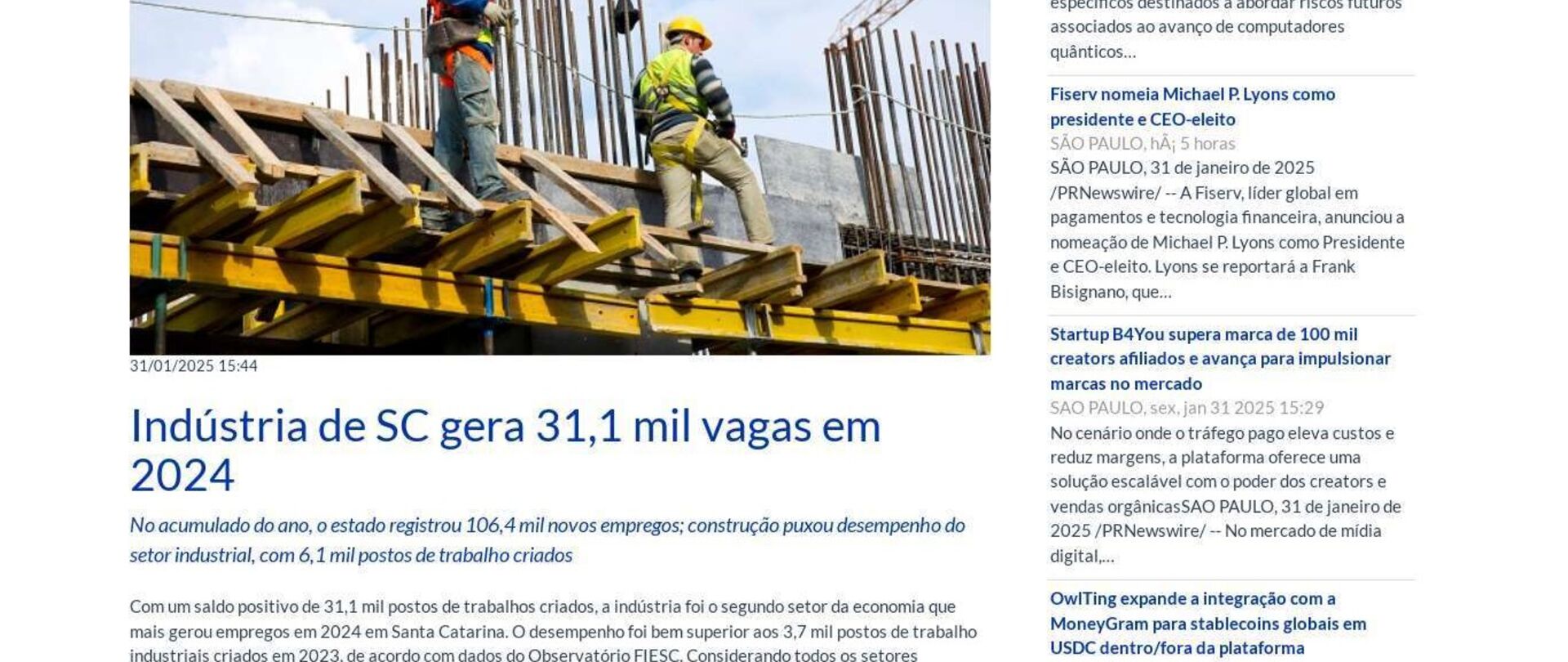 Indústria foi o segundo setor da economia que mais gerou empregos em 2024 em SC
