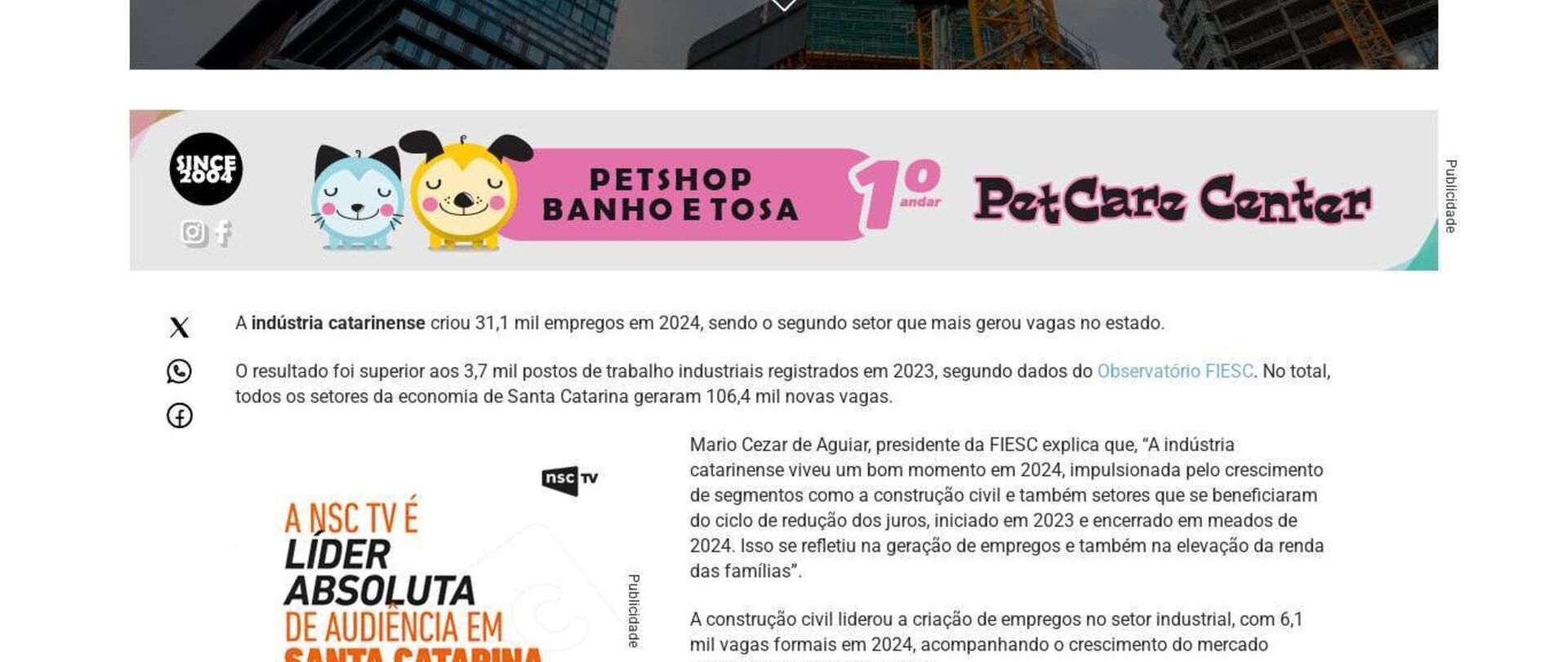 Construção civil e indústria lideram geração de empregos em SC