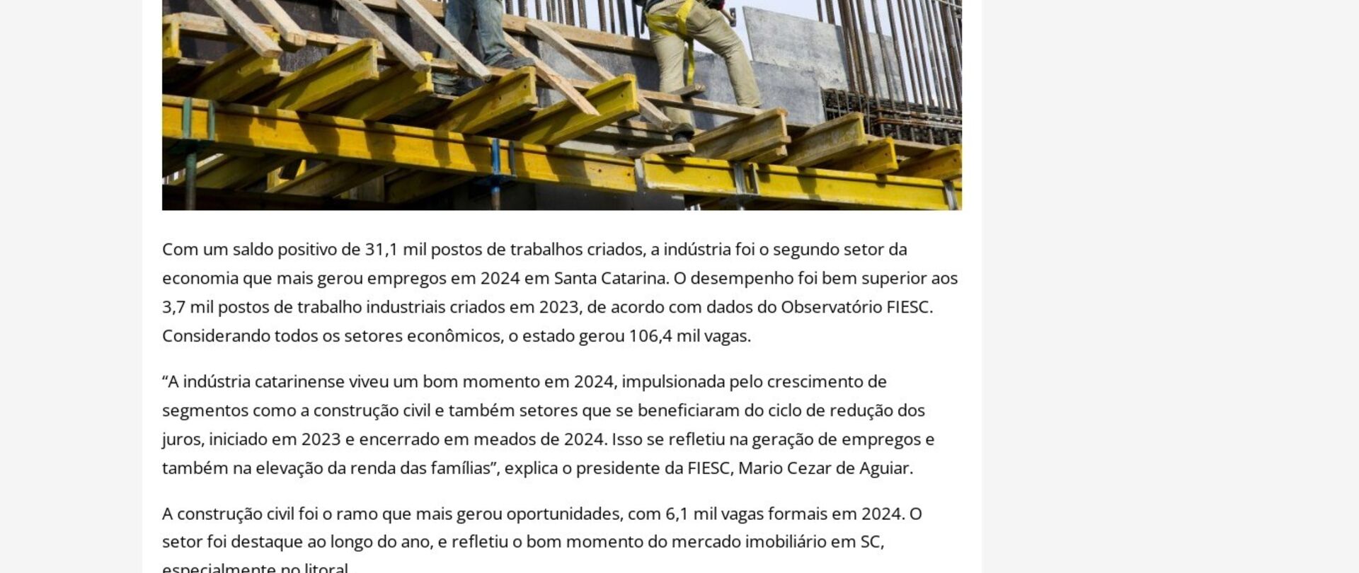 Indústria de SC gera 31,1 mil vagas em 2024