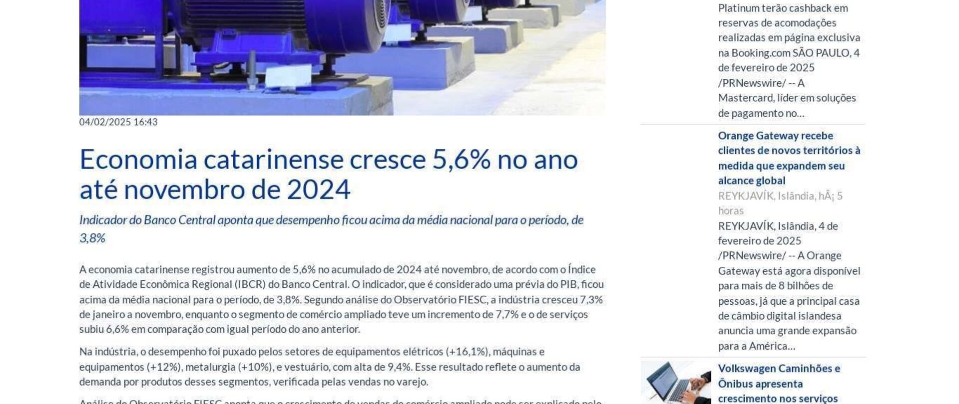 Economia catarinense cresce 5,6% no ano até novembro de 2024