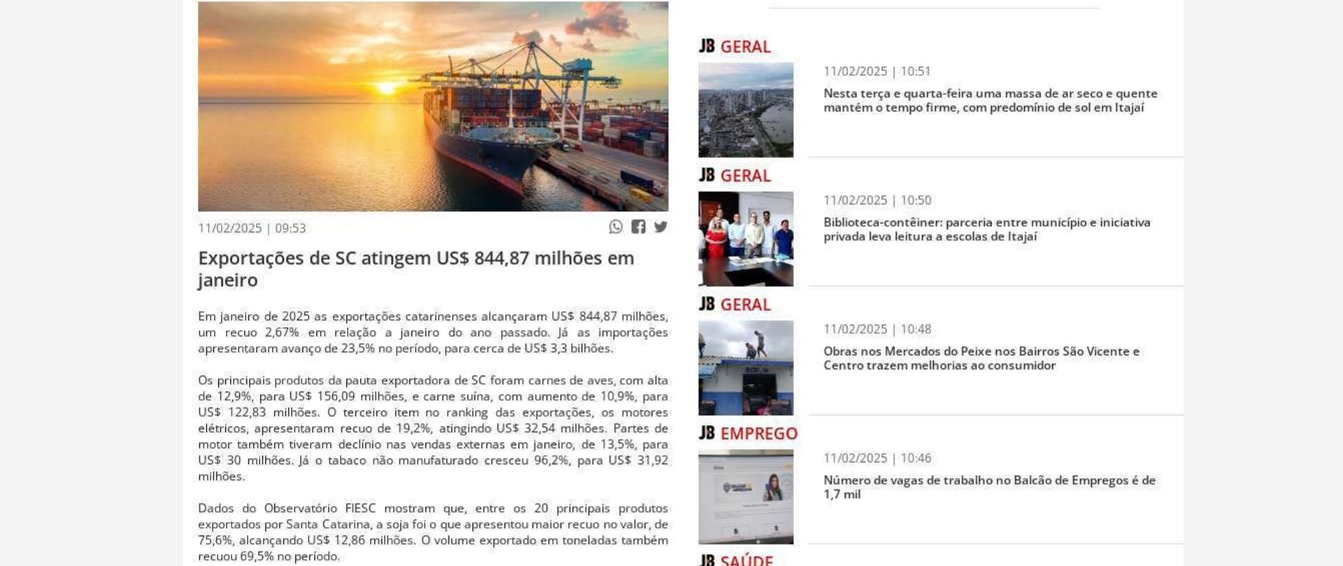 Exportações de SC atingem US$ 844,87 milhões em janeiro