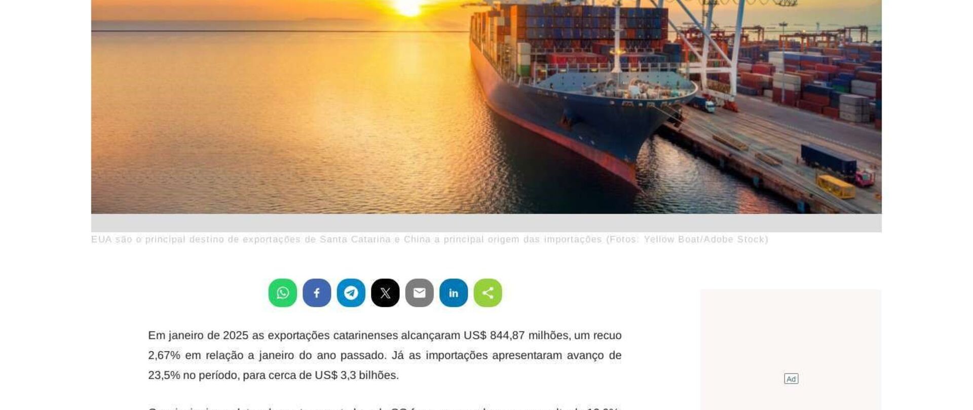 Santa Catarina registra exportações de US$ 844,87 milhões em janeiro