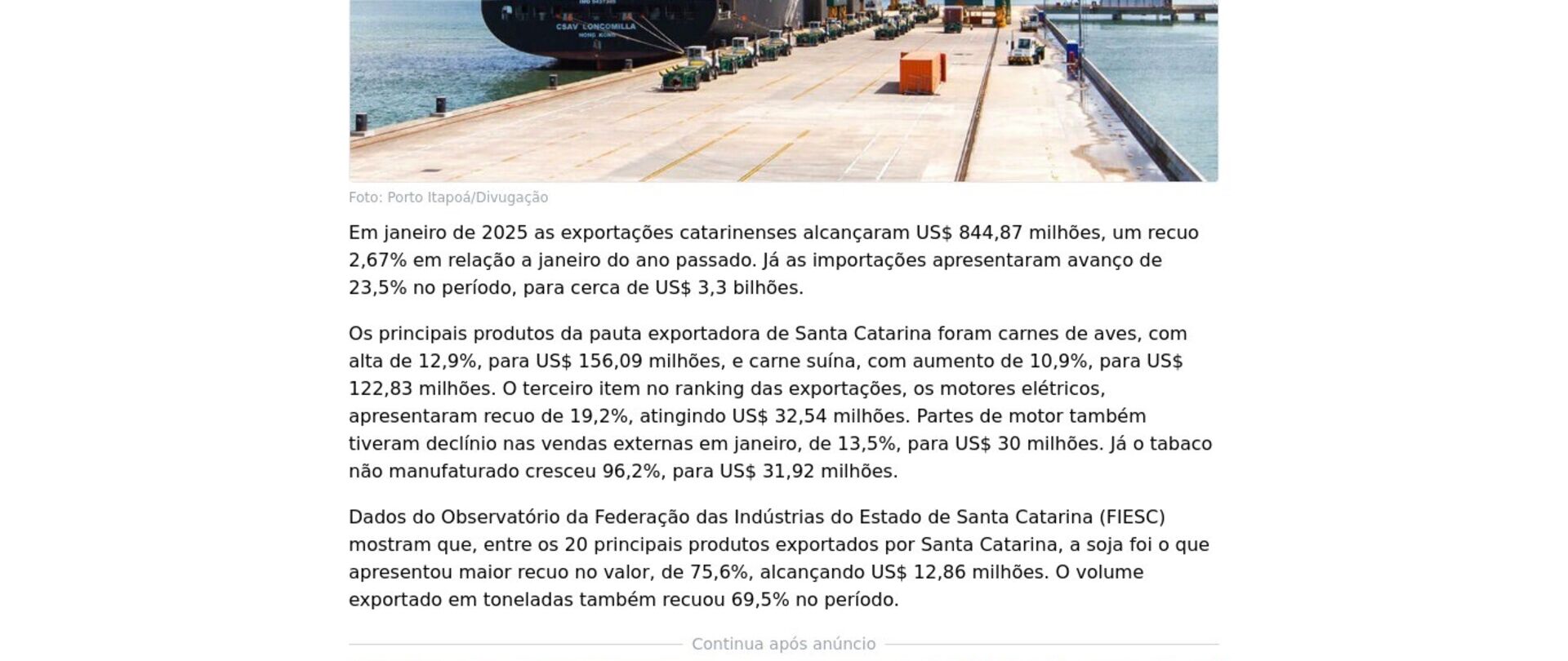 Exportações de Santa Catarina alcançam US$ 844,87 milhões em janeiro