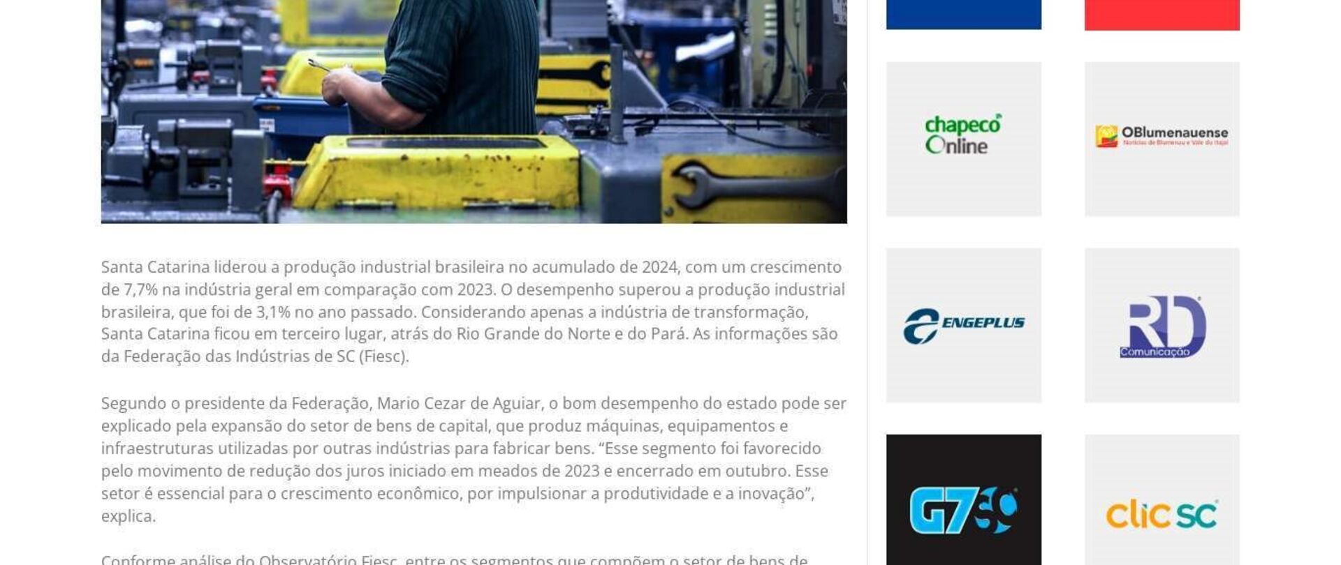 Santa Catarina lidera crescimento da indústria em 2024