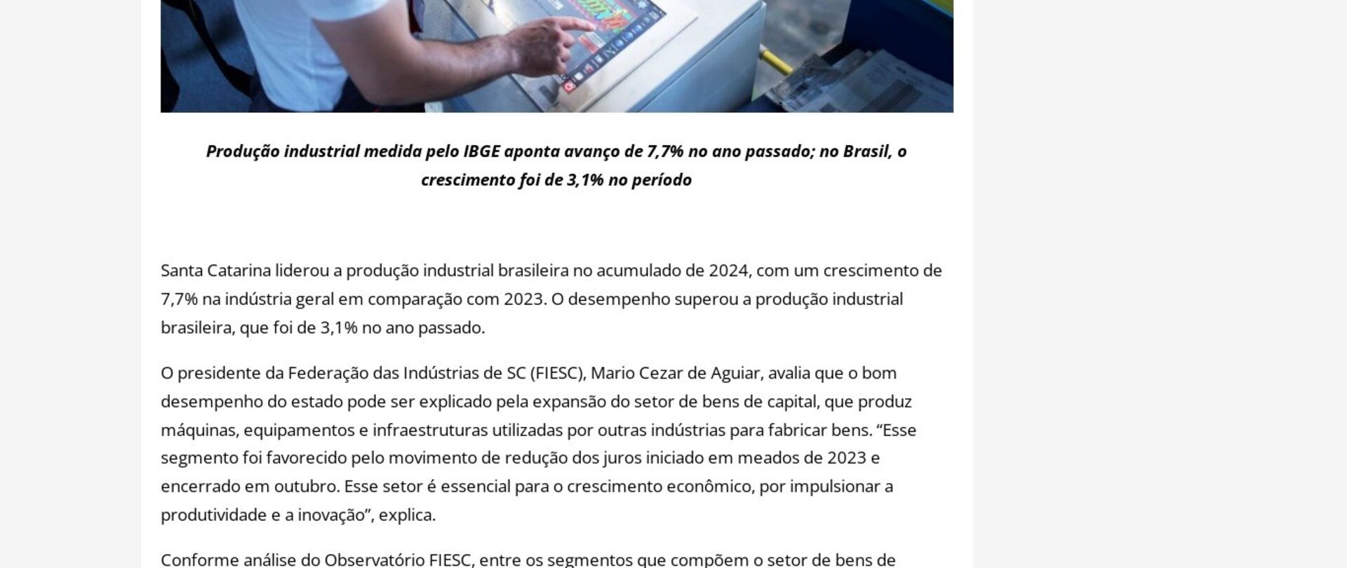 SC lidera expansão da indústria no país em 2024 