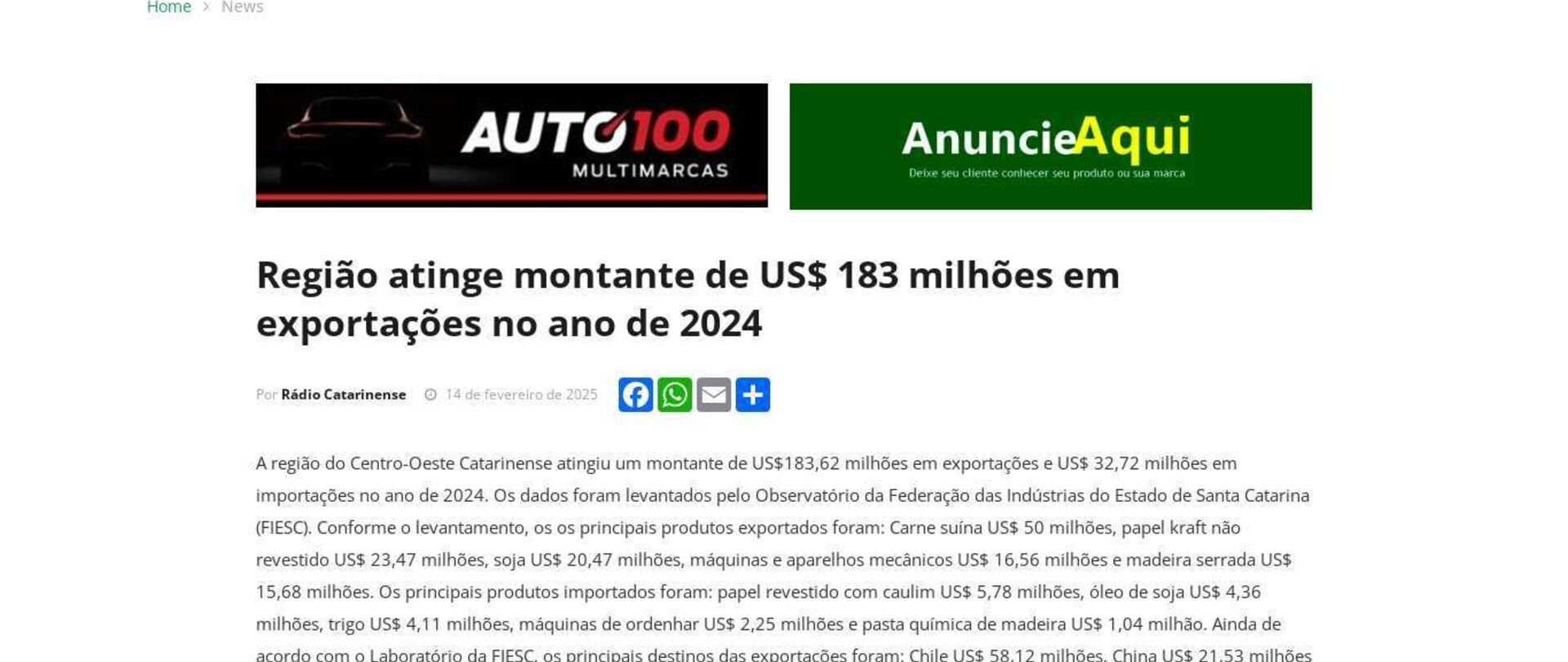 Região do Centro-Oeste Catarinense atinge montante de US$183,62 milhões em exportações
