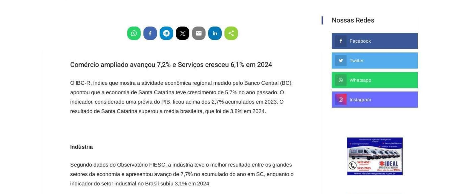 Atividade econômica de SC cresce 5,7% em 2024, puxada pela indústria 