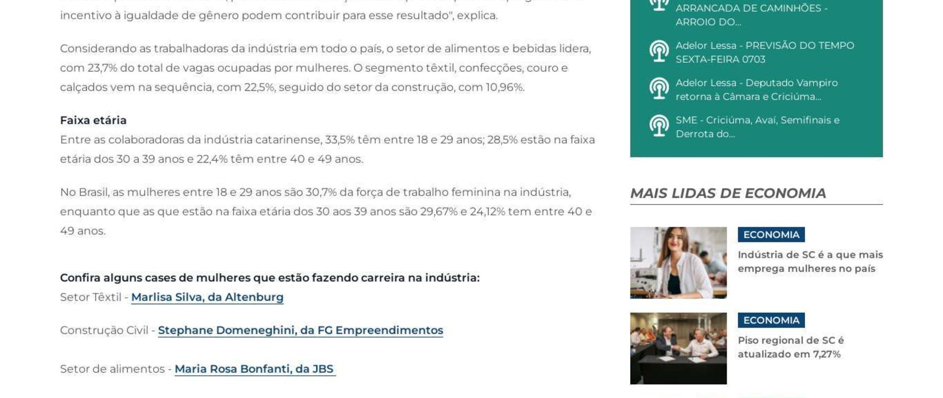Indústria de SC é a que mais emprega mulheres no país