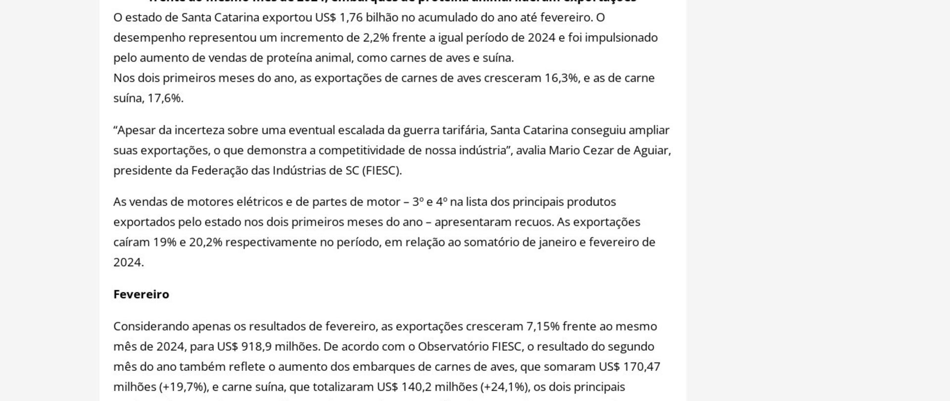 SC exporta US$ 1,76 bilhão nos dois primeiros meses de 2025