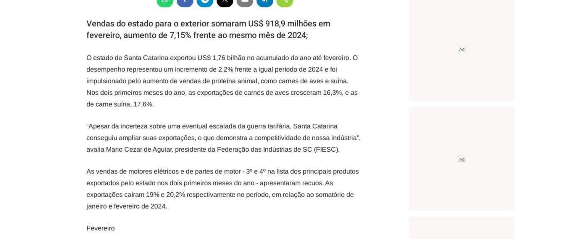 SC exporta US$ 1,76 bilhão nos dois primeiros meses de 2025