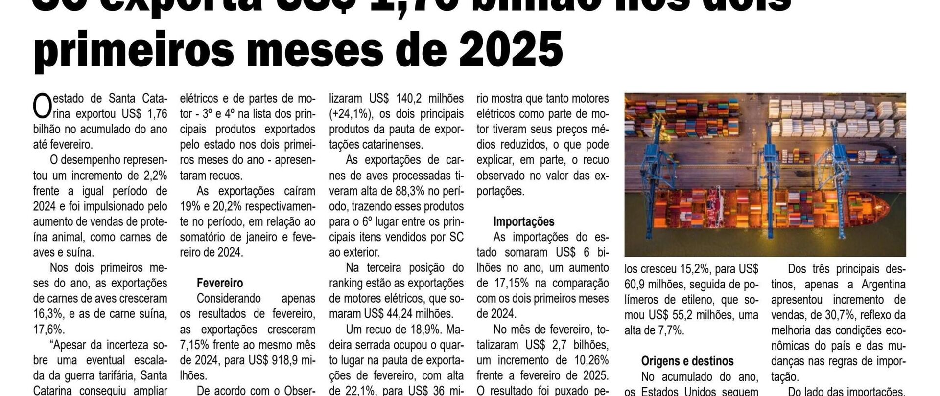 Exportações de SC crescem 2,2% no primeiro bimestre 