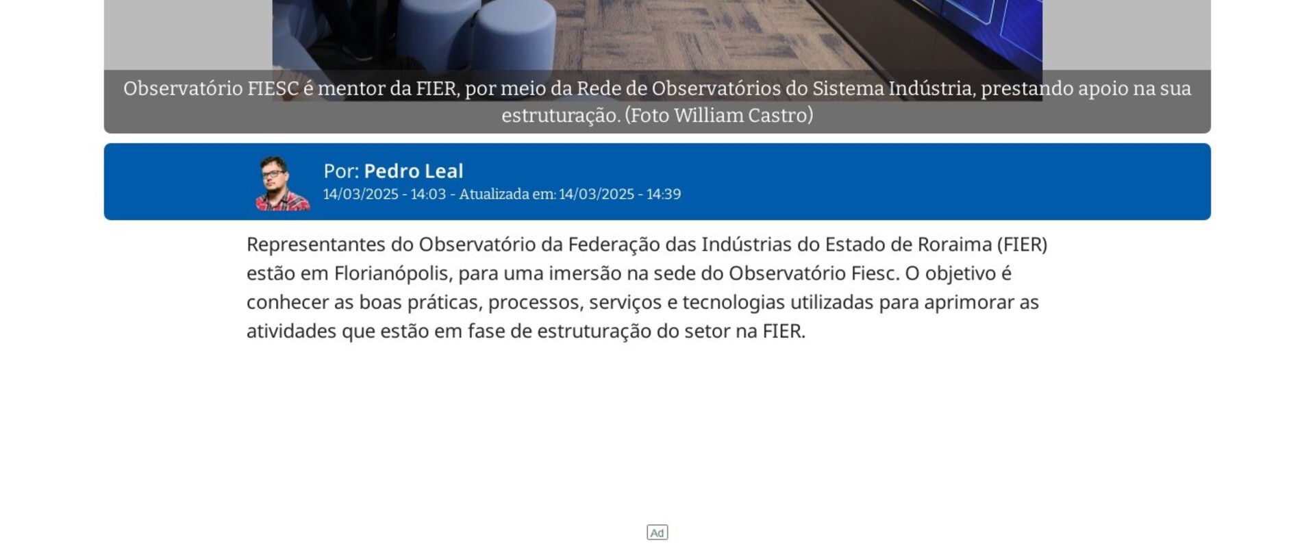 Observatório Fiesc recebe Federação de Roraima para imersão em dados e soluções