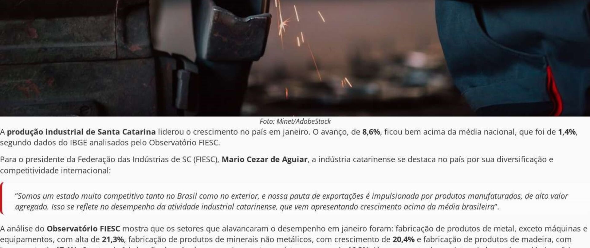 Produção industrial de SC cresce 8,6% e lidera alta no país em janeiro