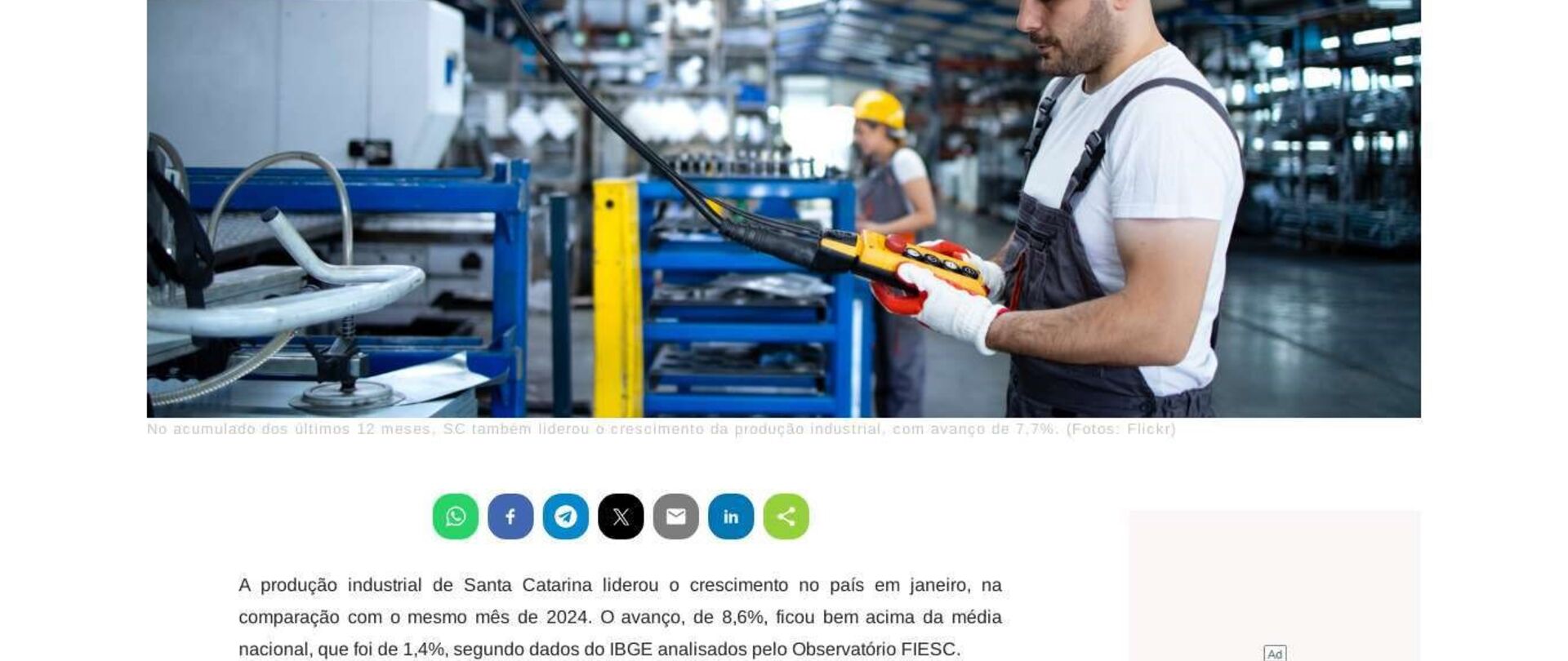 Produção industrial de Santa Catarina liderou o crescimento no país em janeiro