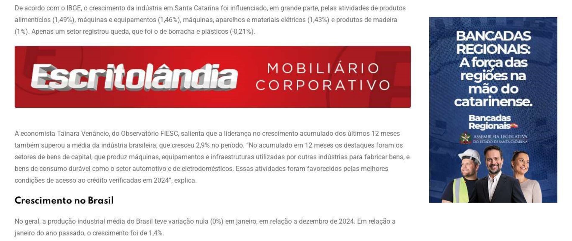 Santa Catarina lidera crescimento industrial no Brasil em janeiro de 2025 