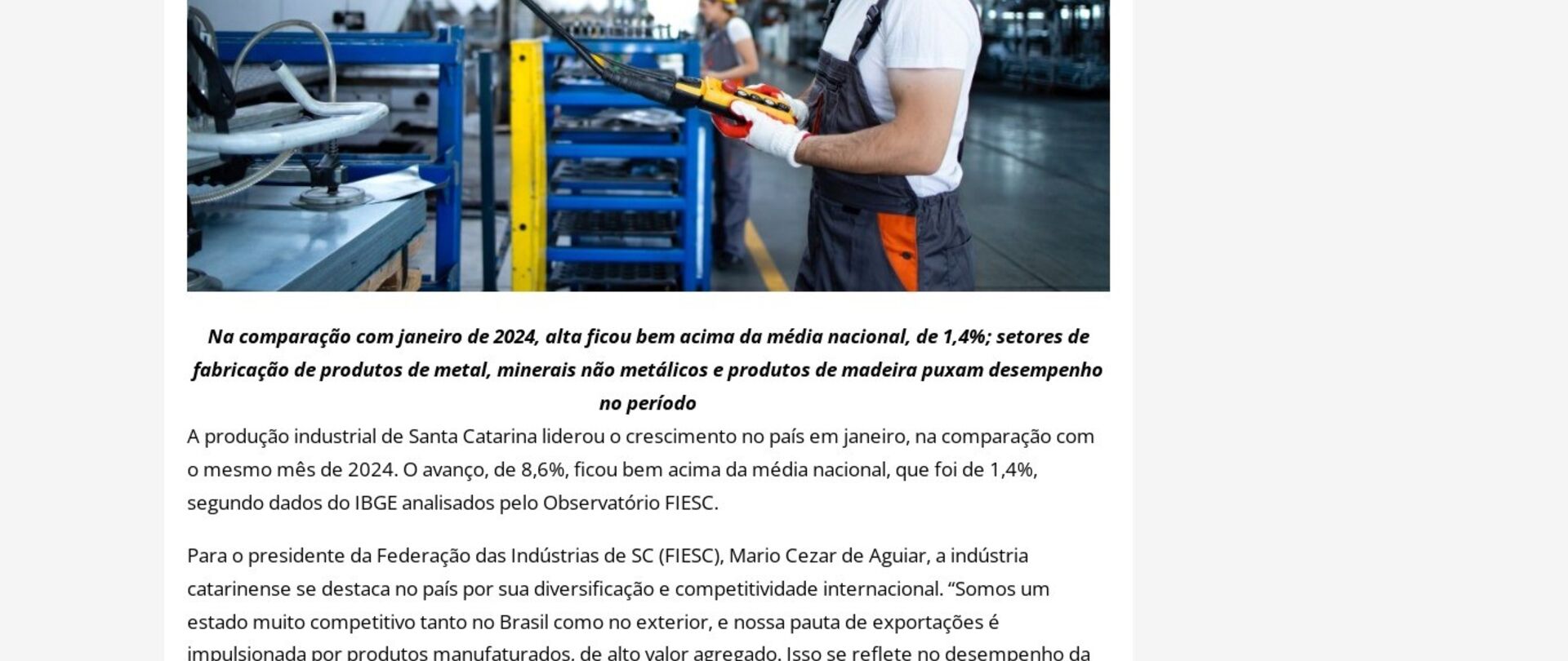 Produção Industrial de SC cresce 8,6%
