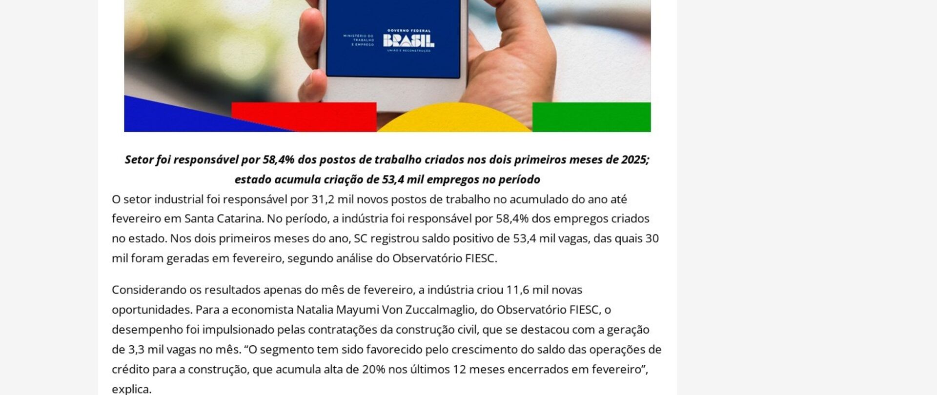 Indústria gera 31,2 mil vagas no ano e lidera geração de empregos em SC