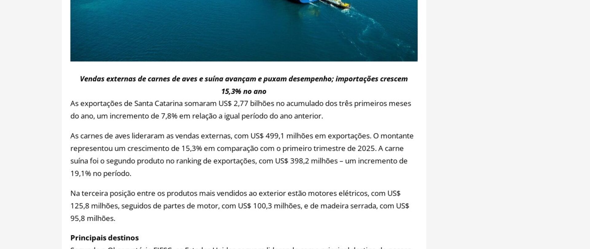 Exportações de SC avançam 7,8% no primeiro trimestre, para US$ 2,77 bi