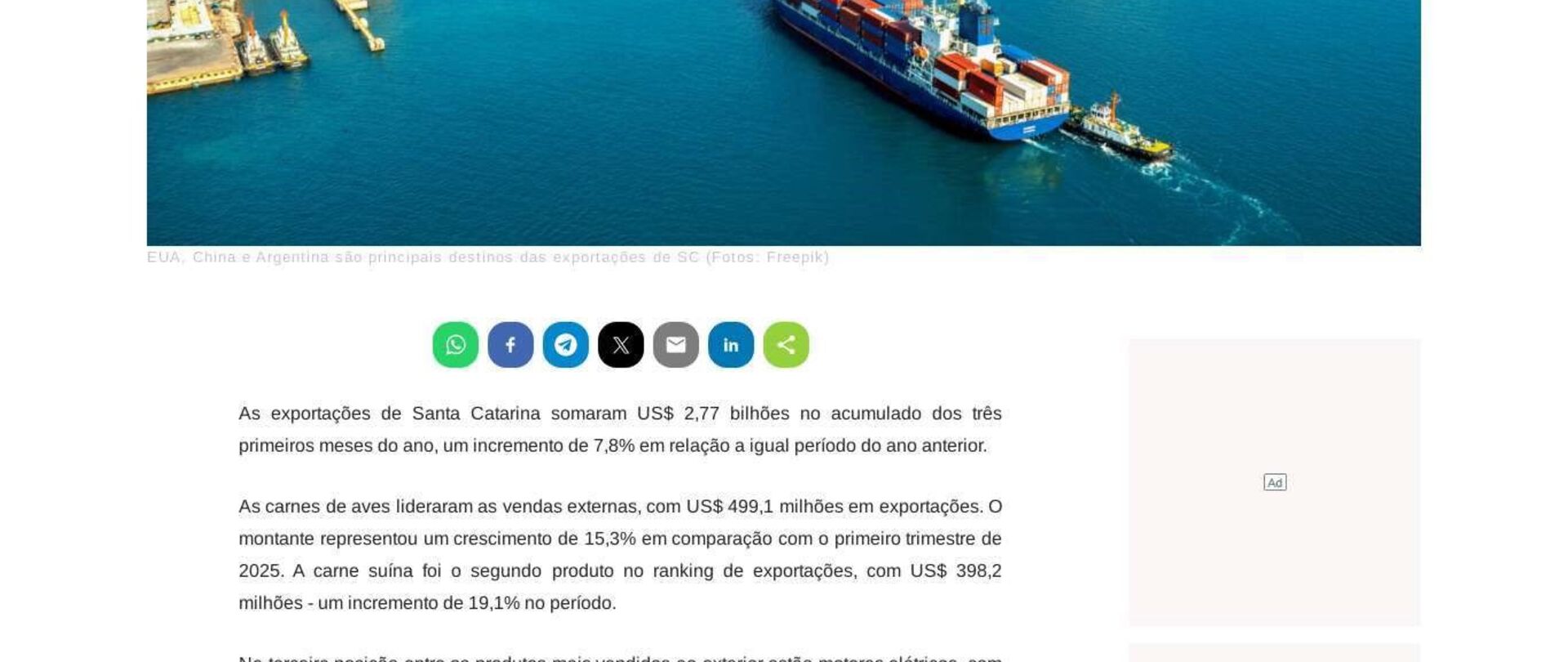 Exportações de SC avançam 7,8% no primeiro trimestre, para US$ 2,77 bi