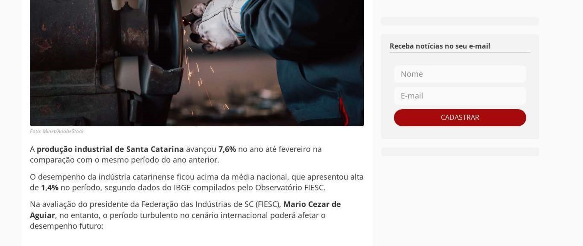 Produção industrial de Santa Catarina avançou 7,6% 