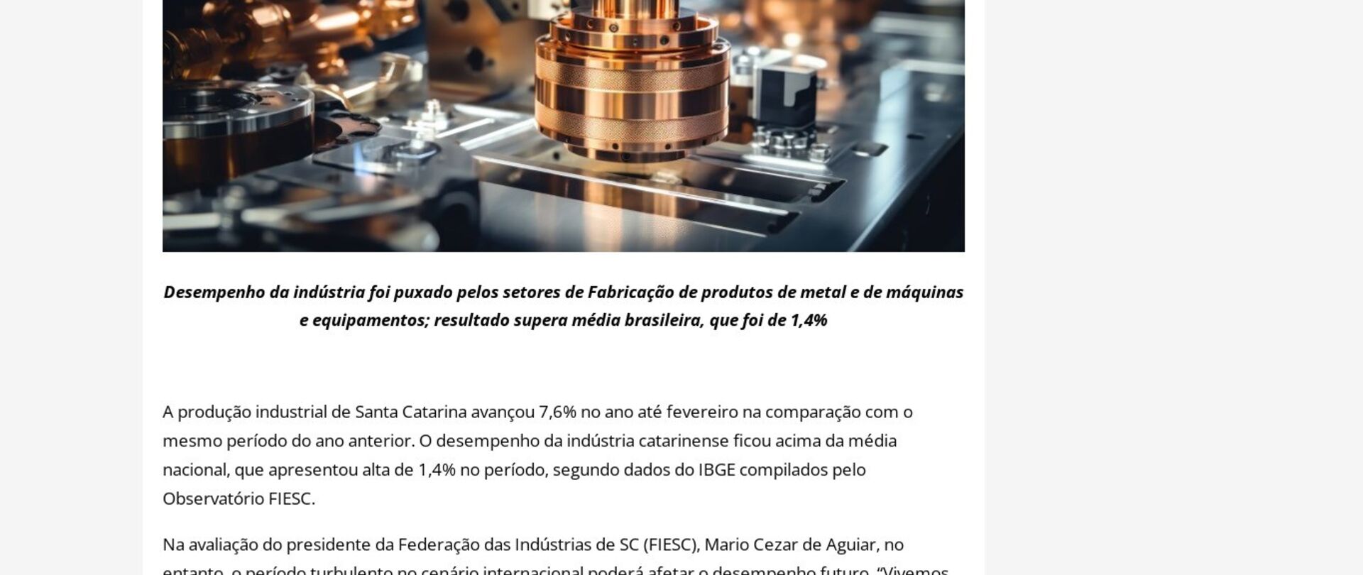 Produção Industrial de SC cresce 7,6% no acumulado do ano