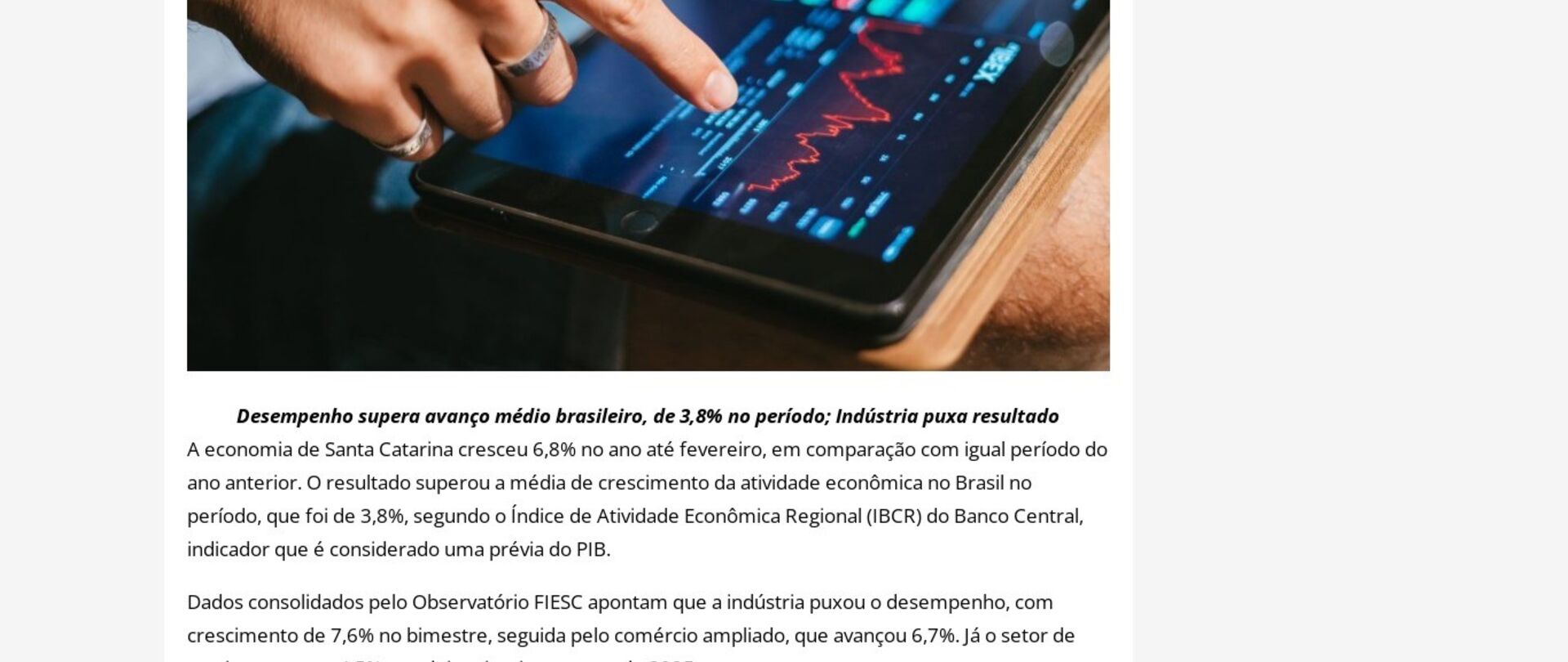 Indústria puxa desempenho em SC com crescimento de 7,6% no bimestre
