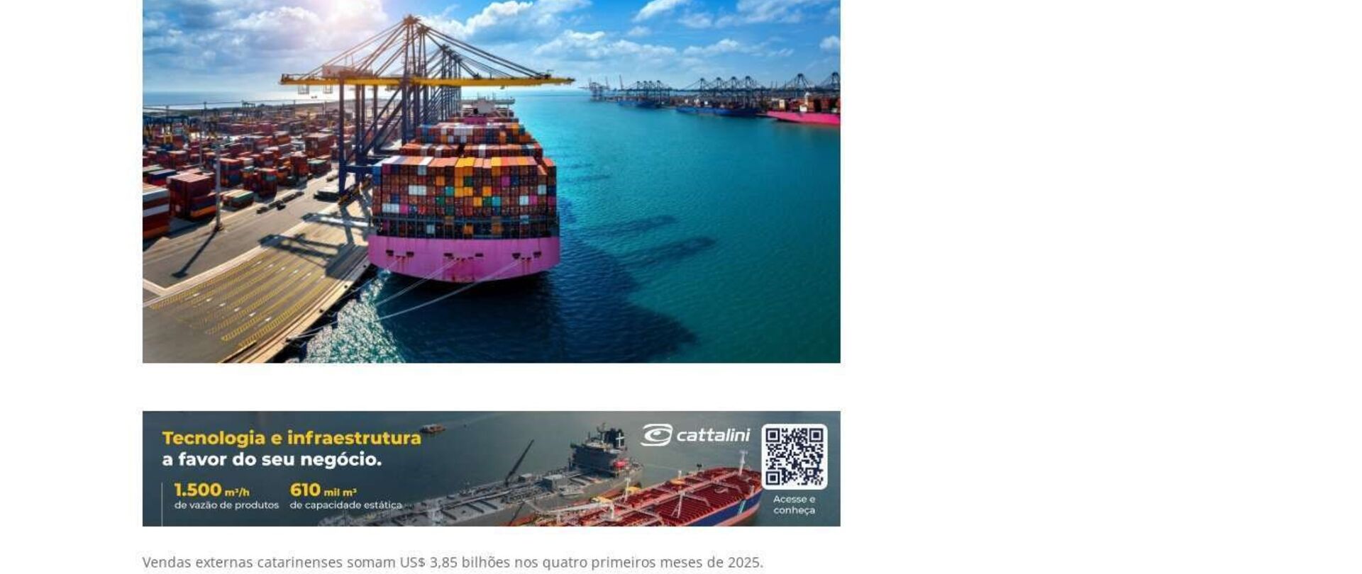 Vendas externas catarinenses somam US$ 3,85 bilhões nos quatro primeiros meses de 2025